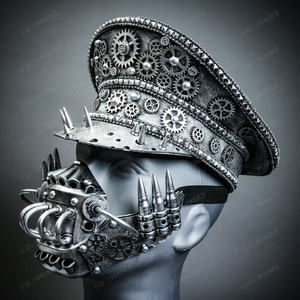 Metallic Silver Steampunk Captain Cap w/ Silver Robot Mouth Cover Mask Halloween